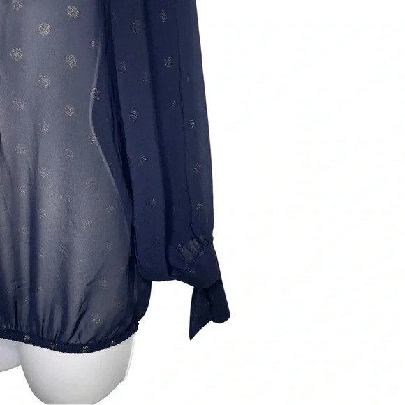 Bobeau Sheer Blouse with Light Gold Polka Dots | Navy BlueTop with Tie Sleeves - Picture 2 of 6